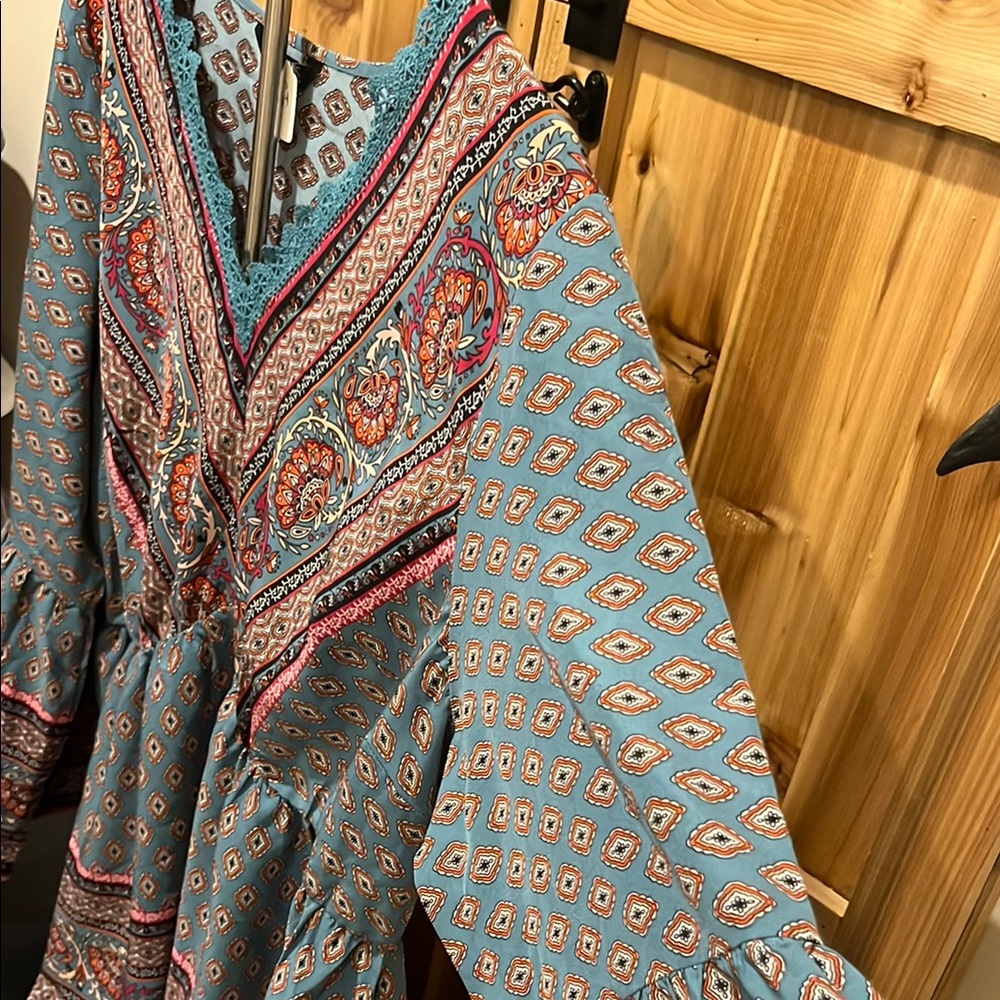 Boho V-Neck Peasant Blouse -size 22 Blue And Teal - Picture 5 of 10
